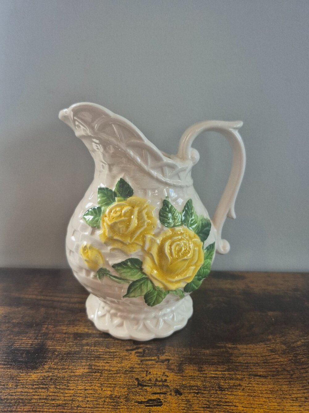 Vintage Vase Pitcher Creamer White Yellow Rose Rubens Original 1969